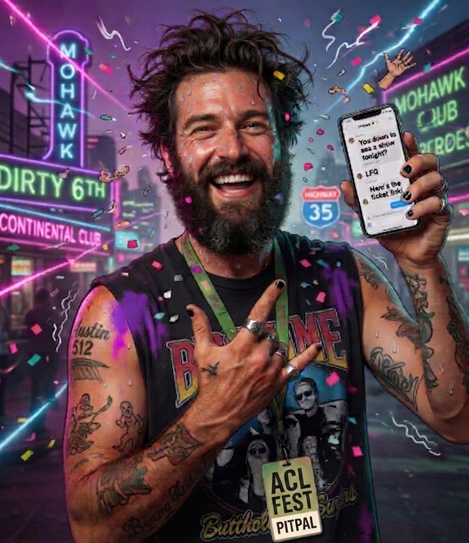 Pit Pal mascot — bearded Austin concert guy with ACL Fest crew badge