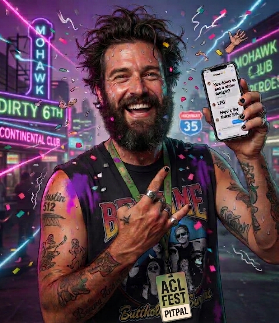 Pit Pal mascot — bearded Austin concert guy with ACL Fest crew badge